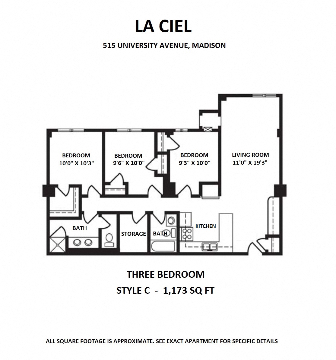 Floor plan for 3 beds, 2 baths, 1173 sqft